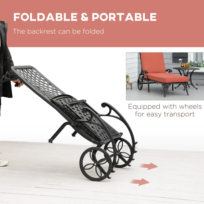 Outsunny Aluminum Adjustable Chaise Lounge Chair, Folding 4-Position Patio Recliner, Wheels, Armrests, Side Table, Cushion for Poolside, Backyard, Deck, Porch Garden, Red