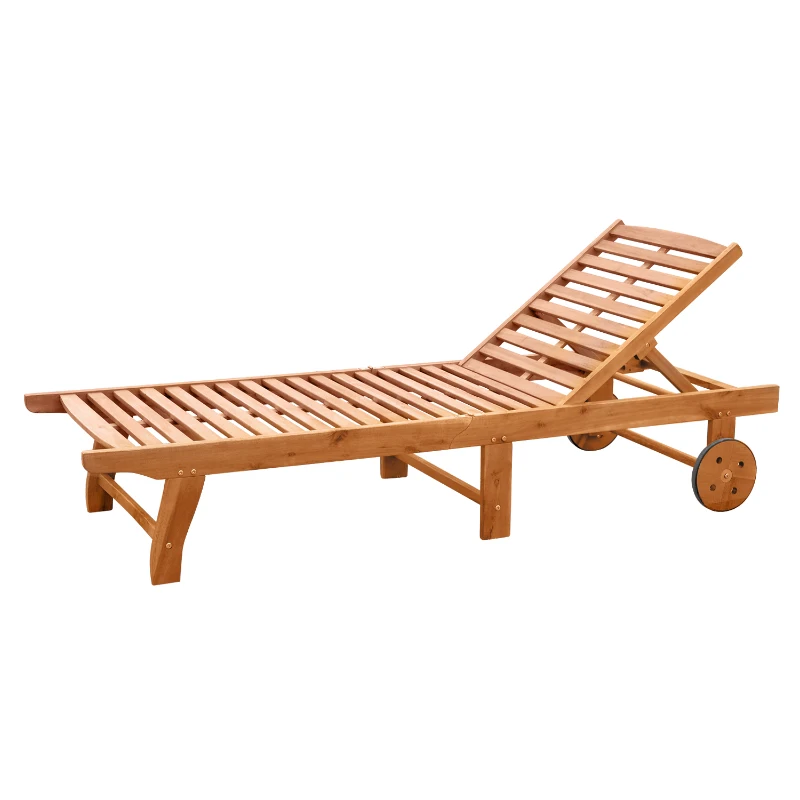 Outsunny Outdoor Patio Lounger with 4-Level Adjustable Backrest, Acacia Wood Sun Lounger, Foldable Chaise Longue with Wheels for Lawn, Poolside, Backyard, Deck, Teak