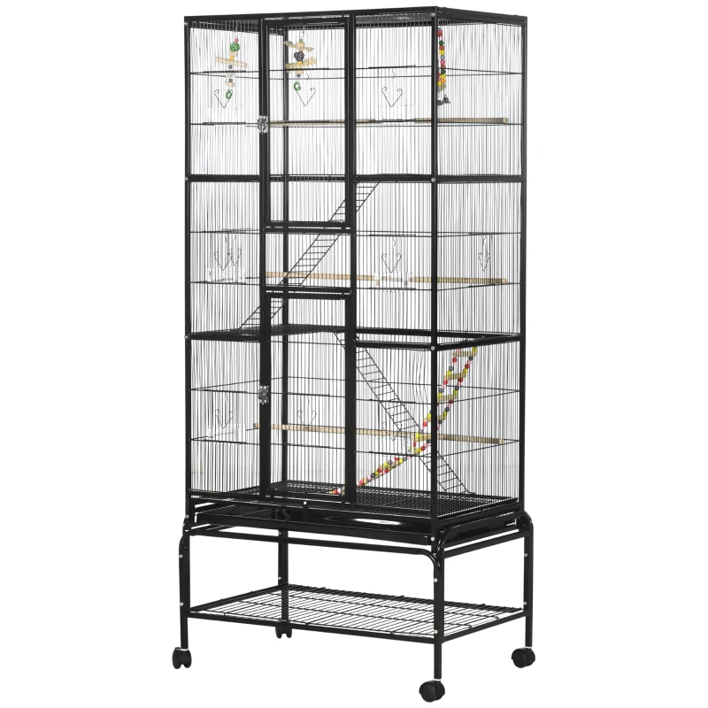 PawHut 71" Bird Cage with Wheels Perches, Ramp, Storage Shelf, Toys for Canaries, Finches, Cockatiels, Parakeets, Black