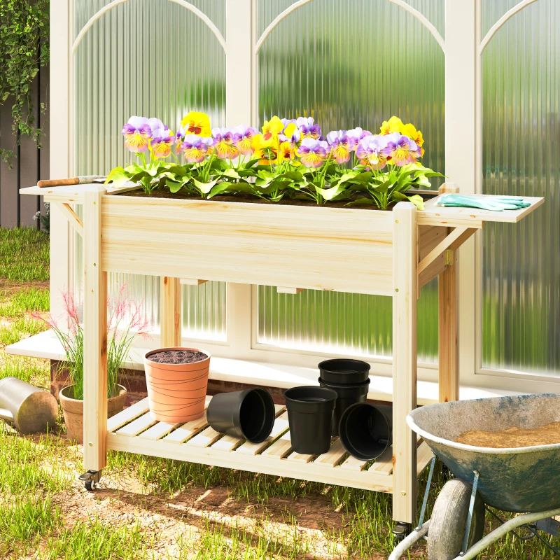 Outsunny Wood Raised Planter Box, Elevated Garden Bed with Lockable Wheels, Side Tables, Bottom Shelf, Drain Holes, Natural