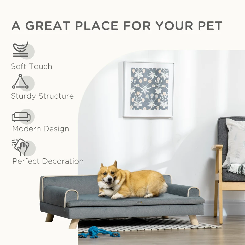 PawHut Dog Bed, Large Dog Couch with Washable Cover, Wooden Legs, Elevated Fancy Foam Pet Sofa for Medium & Large Breeds, Gray