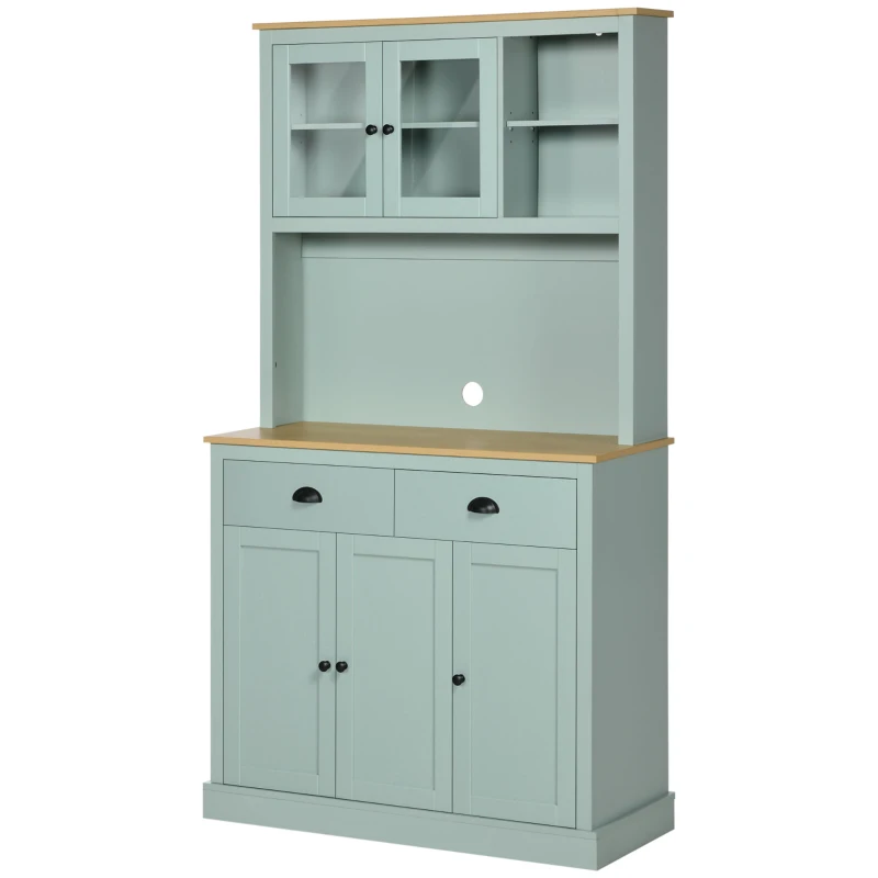HOMCOM Kitchen Pantry Storage Cabinet with Microwave Stand, 71" Modern Kitchen Hutch with Glass Doors, Storage Drawers and Adjustable Shelves for Dining Room, Light Blue