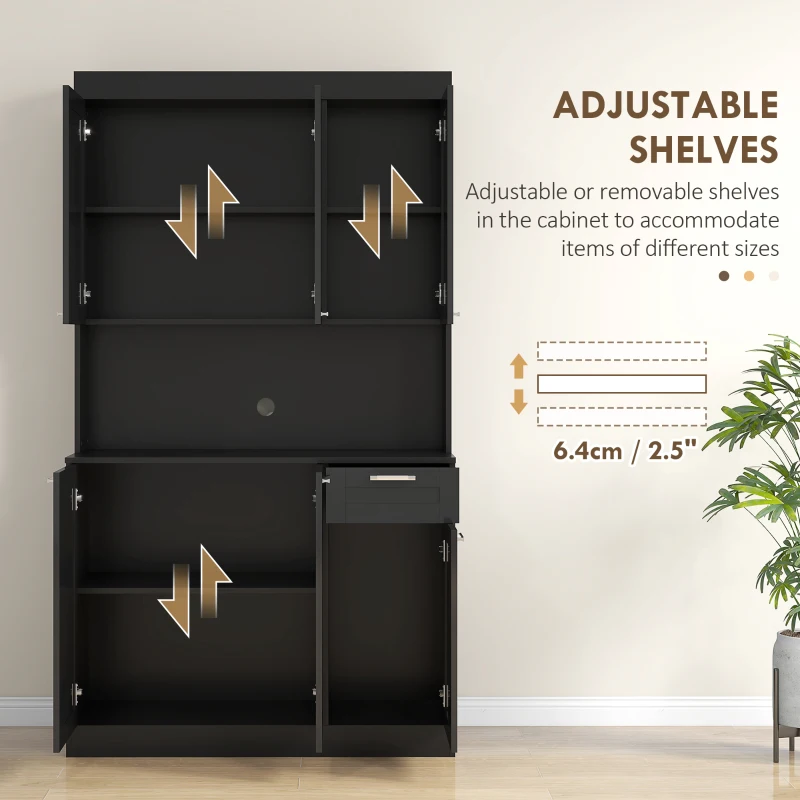 HOMCOM 71" Kitchen Pantry Cabinet, Storage Buffet with Hutch, Adjustable Shelves for Living Room, High Gloss Black