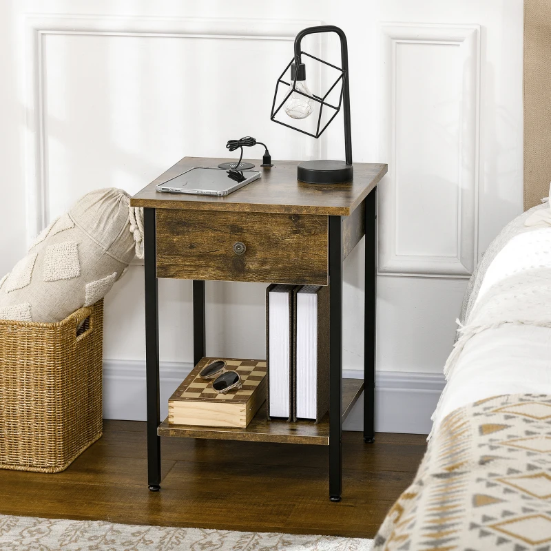 HOMCOM End Table with Wireless Charging Station, 2 USB Ports, Rustic Brown