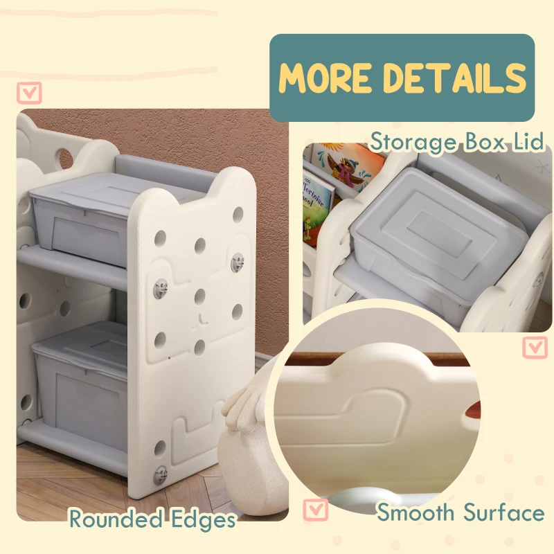 Qaba Toy Storage Organizer with 4 Storage Boxes, Bookshelves, for Nursery, Kids Room, Playroom, Cream White