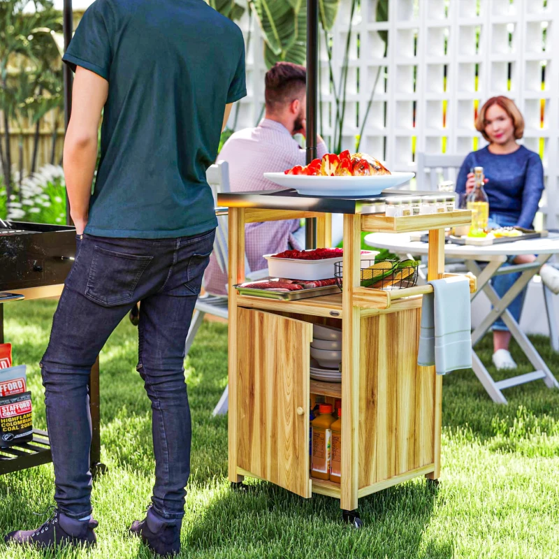 Outsunny Outdoor Grill Cart w/ Stainless Steel Top, Solid Wood Outdoor Kitchen Island w/ Wheels, Integrated Hole, Natural Wood