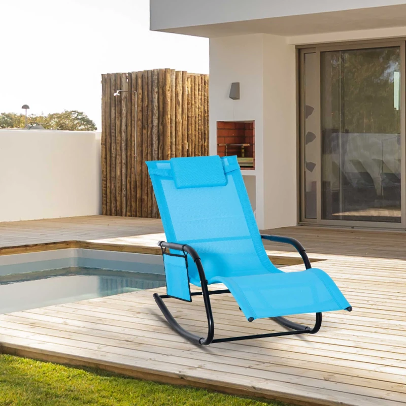 Outsunny Outdoor Rocking Chair, Chaise Lounge Pool Chair for Sun Tanning, Sunbathing, a Rocker with Side Pocket, Armrests & Pillow for Patio, Lawn, Beach, Blue