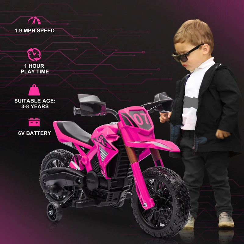 Qaba 6V Kids Motorcycle with Training Wheels, Horn & Start Sound, for 3-8 Years, Pink