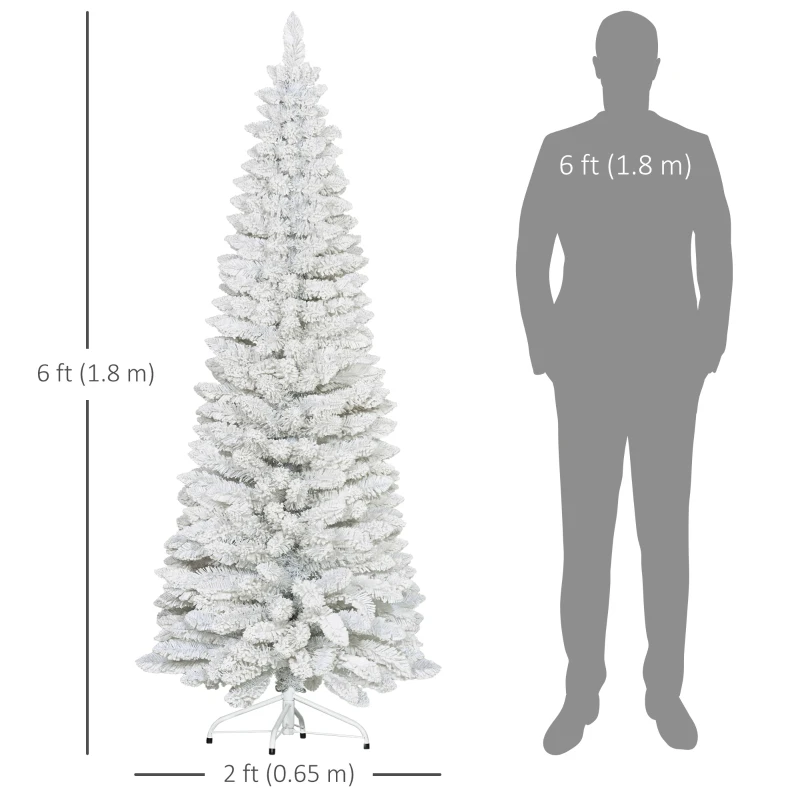 HOMCOM 6ft White Christmas Tree, Flocked Pencil Christmas Tree with 376 Branch Tips and Metal Base for Home, Indoor, Holiday