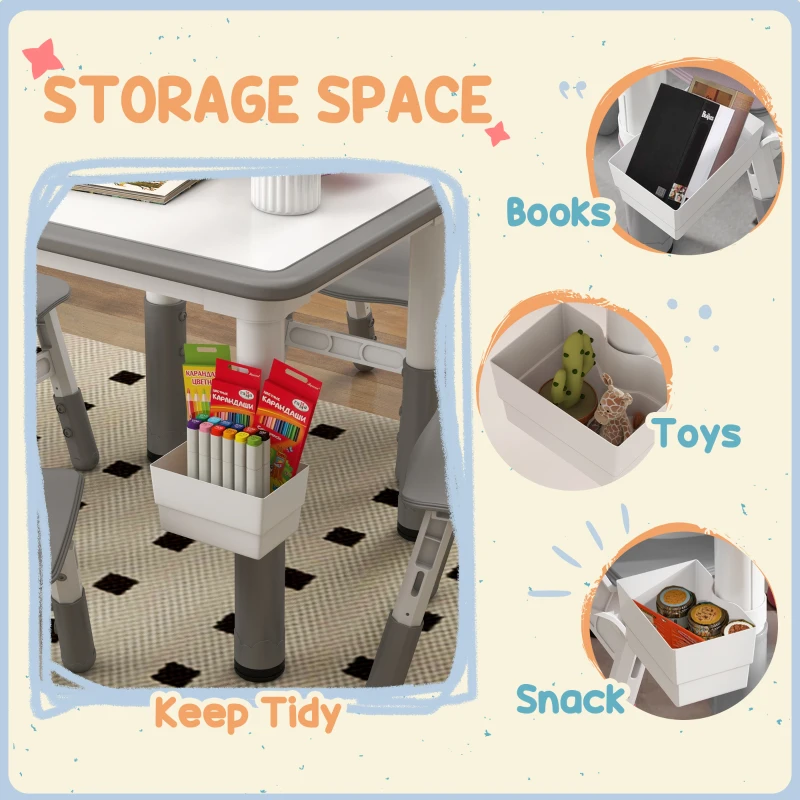 Qaba 5 Pieces Toddler Table and Chair Set, Height Adjustable Activity Table and Chair Set for Nursery Classroom, Grey