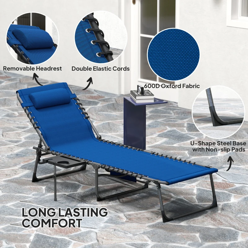 Outsunny Folding Outdoor Chaise Lounge Chair Tanning Chair with 5-Level Adjustable Back, Side Table, Pillow, Pocket, Dark Blue