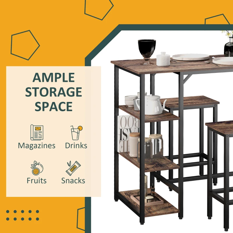 HOMCOM Industrial 3 Piece Dining Table Set, Counter Height Bar Table and Chairs Set, Kitchen Bistro Table Set with Storage Shelf and Stools, Rustic Brown