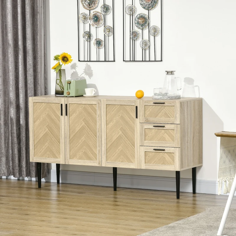 HOMCOM 61.5"L Sideboard Buffet Cabinet, Coffee Bar Cabinet Kitchen Cabinet with Drawers and Adjustable Shelves for Living Room, Dining Room, Kitchen, Oak