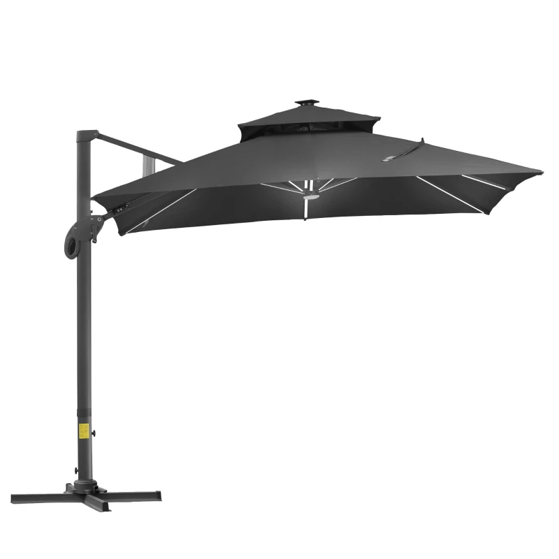 Outsunny 10x10ft Shade Umbrella with Solar LED Cold Lighted & Power Bank with Adjustable Angle for Backyard, Dark Grey