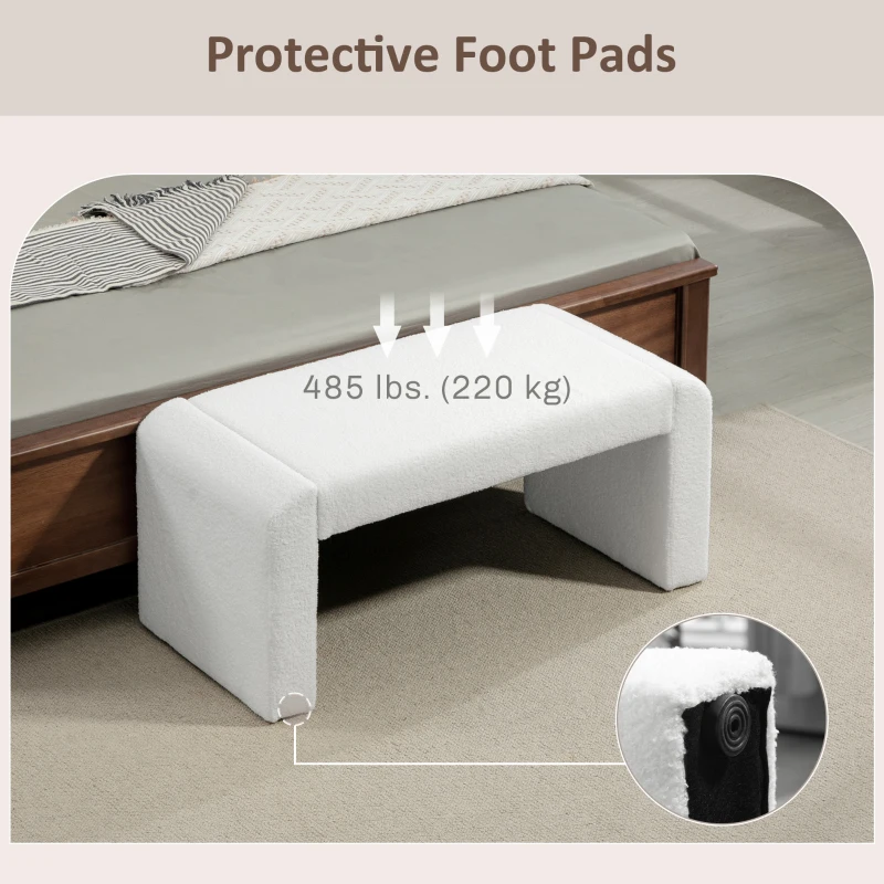 HOMCOM Upholstered Bedroom Bench, Boucle End of Bed Bench, Modern U-Shaped Entryway Bench, 39 x 18 x 18 Inches, White