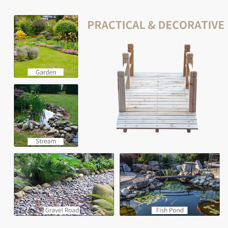 Outsunny 5FT Wood Garden Bridge Outdoor Decorative Landscape Side Rails Backyard Moon Bridge Park Decor Natural Wood