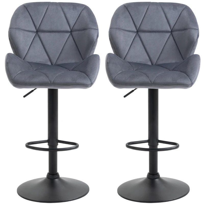 HOMCOM Bar Stool Set of 2 Fabric Adjustable Height Armless Upholstered Counter Chairs with Swivel Seat, Grey