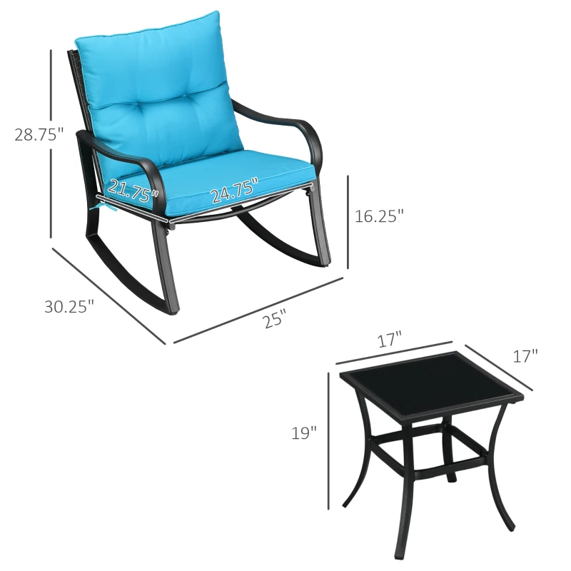 Outsunny 3 Pieces Patio Wicker Rocking Chairs Table Set, Outdoor PE Rattan Furniture with 2 Rockers & 1 Coffee Table w/ Padded Cushions for Deck, Backyard, Garden, Blue