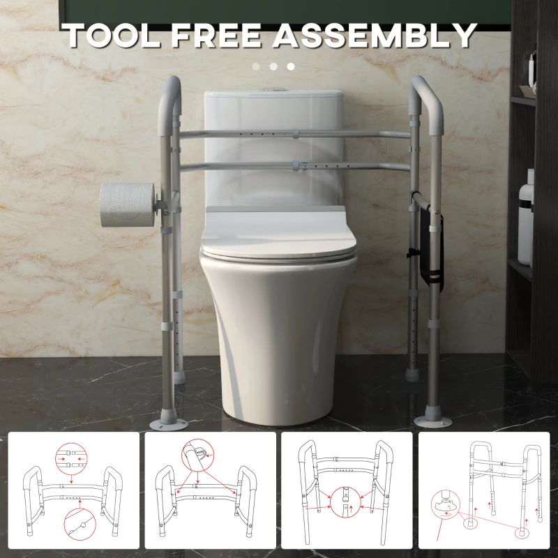 HOMCOM Stand Alone Toilet Safety Frame, Toilet Rails with Adjustable Height Width, 300lb Grab Bar with Suction Cups, Storage, Padded Handles for Elderly