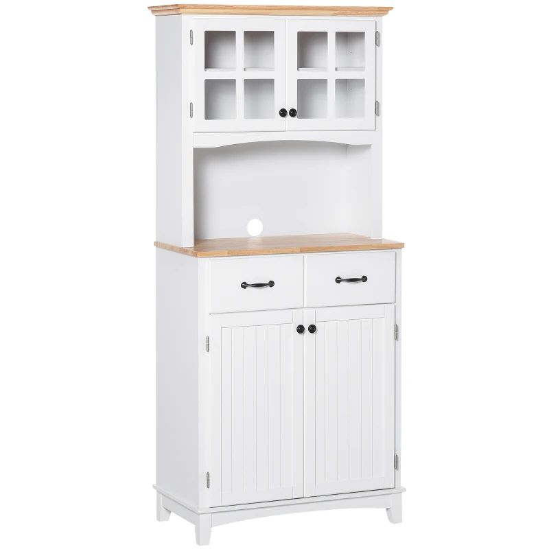 HOMCOM Coastal Style Kitchen Buffet and Hutch Wooden Storage Cabinet with Framed Glass Door  Drawers Microwave Space for Dining Room  Living Room  White