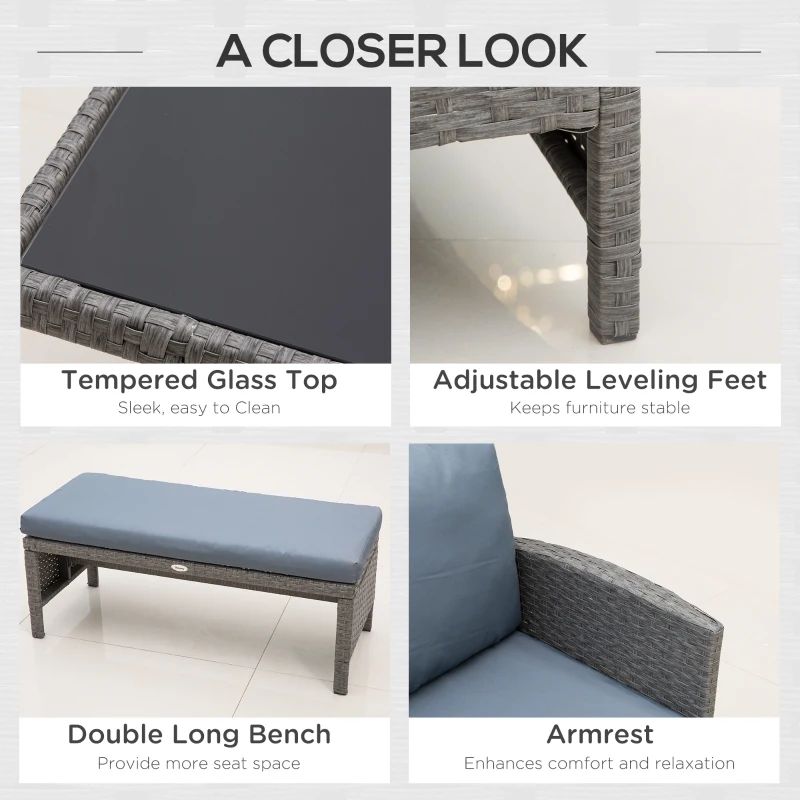 Outsunny 4 Pieces Patio Wicker Dining Sets, Outdoor PE Rattan Sectional Conversation Set with Cushions & Dining Table, Bench for Garden, Backyard, Lawn, Gray