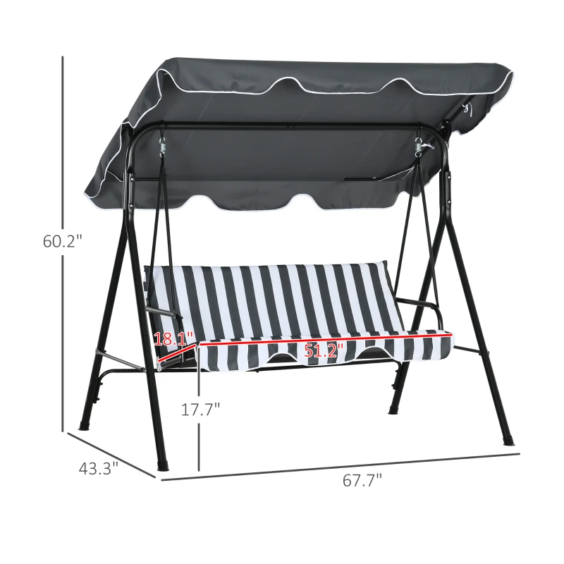 Outsunny 3-Seat Outdoor Patio Swing Chair w/ Cushion, Steel Frame Stand, Adjustable Tilt Canopy for Patio, Garden, Gray & White