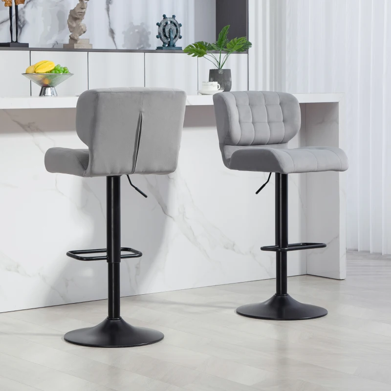 HOMCOM Swivel Velvet-feel Fabric Barstools Set of 2 Adjustable Bar Stools with Footrest for Counter Dining Room Grey