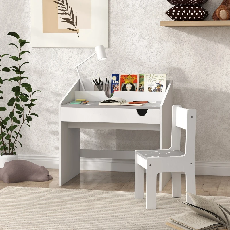 Qaba Kids Study Desk with Storage, Kids Desk and Chair Set for Bedroom & Study Room, Aged 3-6 Years, Gray
