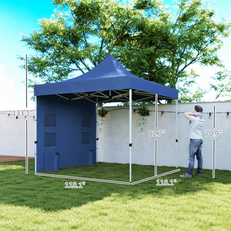 Outsunny 10' x 10' Heavy Duty Pop Up Canopy Tent with Sidewall, UPF50+ Instant Sun Shelter with Storage Pockets, Dark Blue