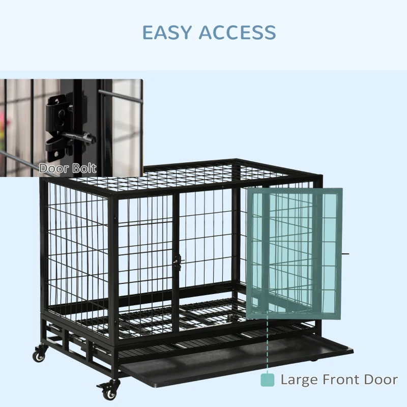 PawHut 36" Heavy Duty Dog Crate with Removable Tray, Lockable Wheels and Double Door, for Medium and Large Dogs, Black