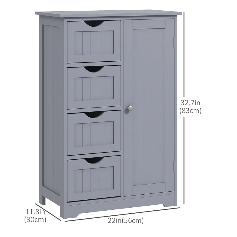 kleankin Bathroom Storage Cabinet, Floor Cabinet with Adjustable Shelf and 4 Drawers, Side Cabinet for Washroom, Grey
