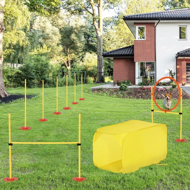 PawHut 4-Piece Dog Agility Training Equipment Doggie Obstacle Course with Tunnel, Hurdle Bar, Hoop, Weave Poles, and Easy Carry Case