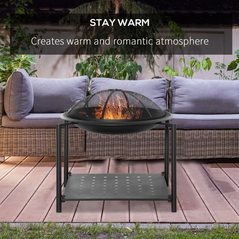 Outsunny 29.1in Outdoor Fire Pit with Screen Cover and Storage Shelf, Wood Burning Fire Bowl with Poker for Patio, Backyard, Black