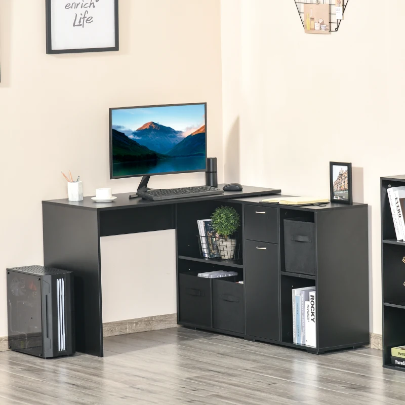 HOMCOM Convertible L-Shaped Computer Desk, Corner Table wth 3 Fabric Storage Boxes, Retractable Home Office Desk, Black