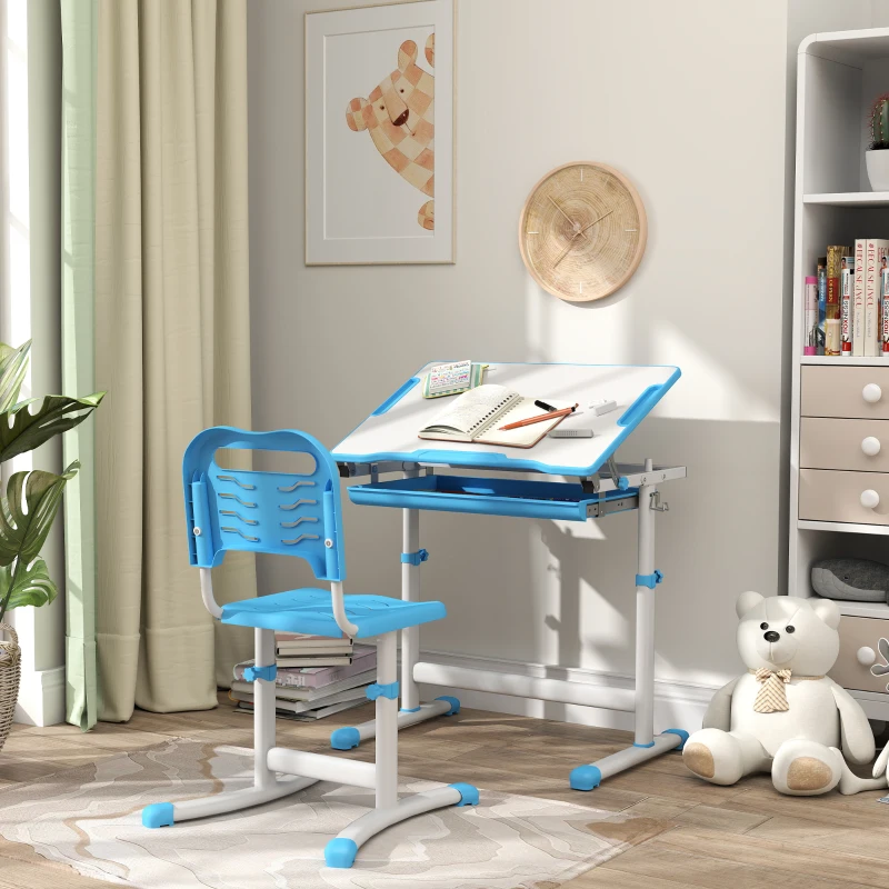 Qaba Height Adjustable Study Table and Chair Set with Drawer, Pen Slot, Tiltable Desktop, Hook, Blue