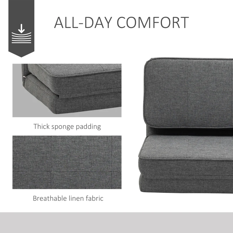 HOMCOM Convertible Flip Chair, Folding Upholstered Floor Sofa, Adjustable Guest Chaise Lounge, Dorm Bed with Metal Frame for Living Room and Bedroom, Dark Gray