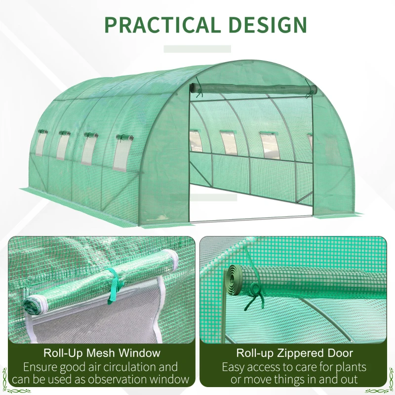 Outsunny Walk-in Tunnel Greenhouse, 19 x 10 x 6.6 ft Hoop House with Zipped Roll-Up Door and 8 Mesh Windows, Outdoor Greenhouse with Galvanised Steel Frame, Green