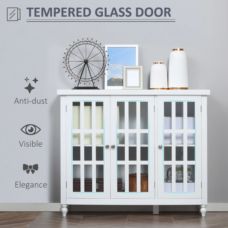 HOMCOM Sideboard, Buffet Cabinet with 3 Tempered Glass Doors, Stripe Pattern and Adjustable Storage Shelf, Credenza, White