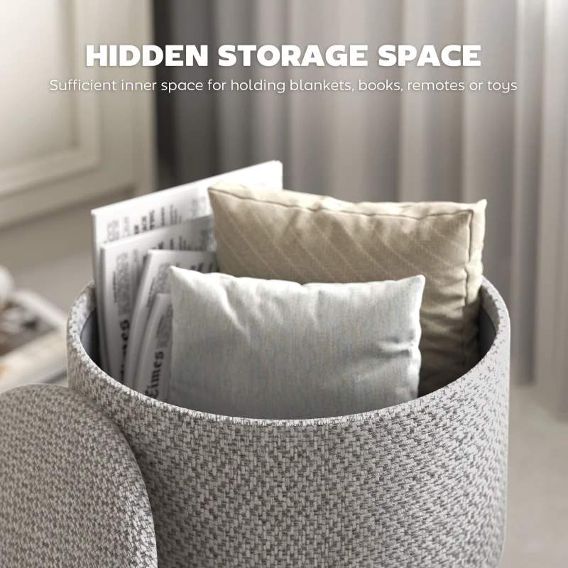 HOMCOM Round Ottoman Stool with Storage, Linen Upholstered Foot Stool with Padded Seat, Hidden Space and Wood Legs, Light Gray