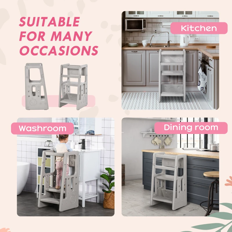 Qaba Toddler Tower with Adjustable Height, Toddler Kitchen Stool Helper with Anti-slip Mat, Step Stool for Kitchen, Bathroom, Gray