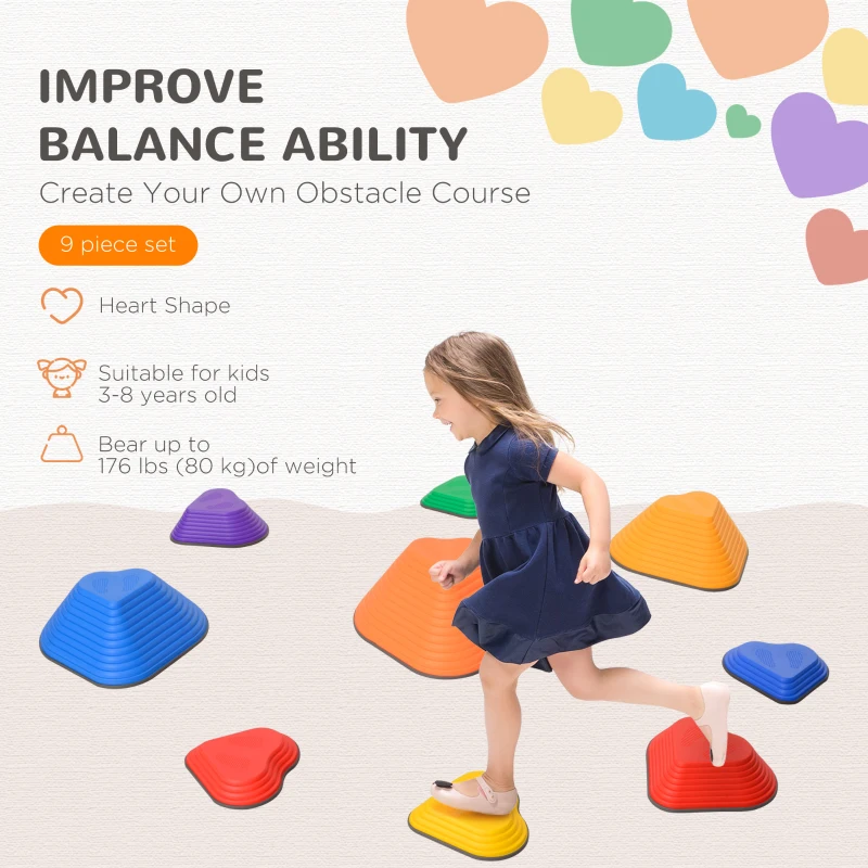 Qaba 9PCs Non-Slip Stackable Kids Stepping Stones, Heart-Shaped