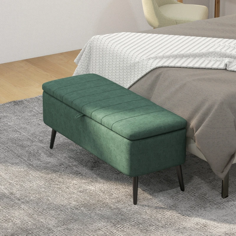 HOMCOM 40" Ottoman with Storage, Linen Upholstered Storage Ottoman Bench with Steel Legs for Living Room, Bedroom Dark Green