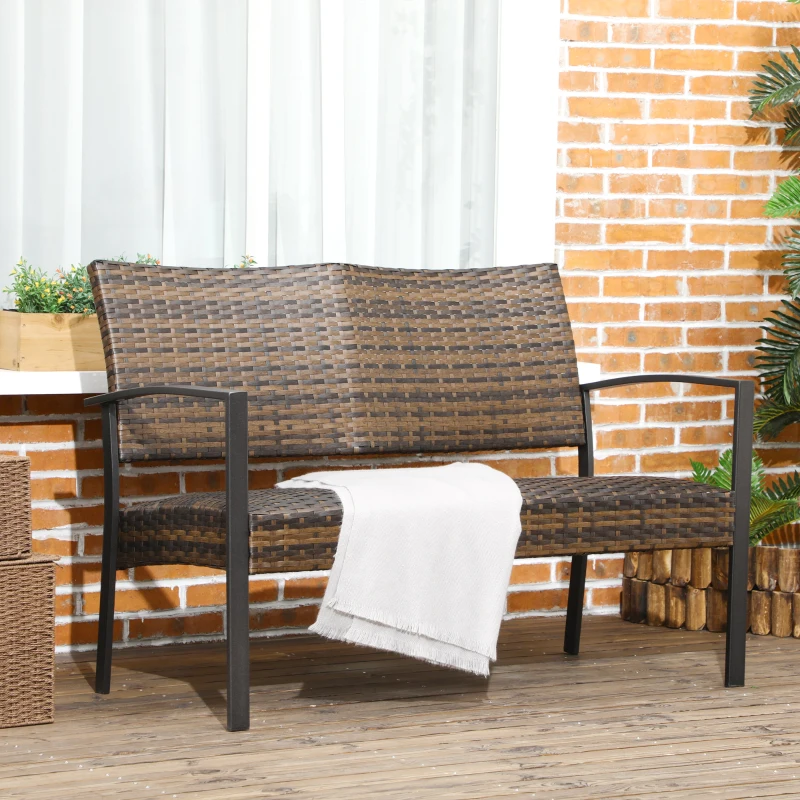 Outsunny Wicker Loveseat, 2-person Patio Furniture Couch, Outdoor Rattan Sofa with Quick Dry Foam and Steel Frame for Balcony, Deck, Garden, and Poolside, Brown