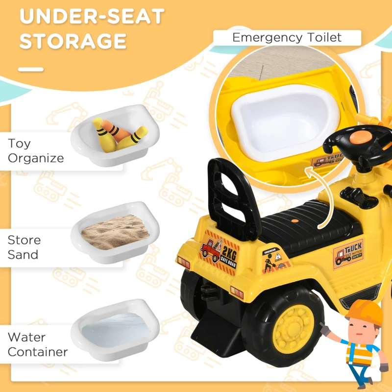Aosom Ride On Excavator Toy No Power Digger with Realistic Sound Grabber Storage, for 2-4 Years Old, 32.7"x10.6"x15.4", Yellow