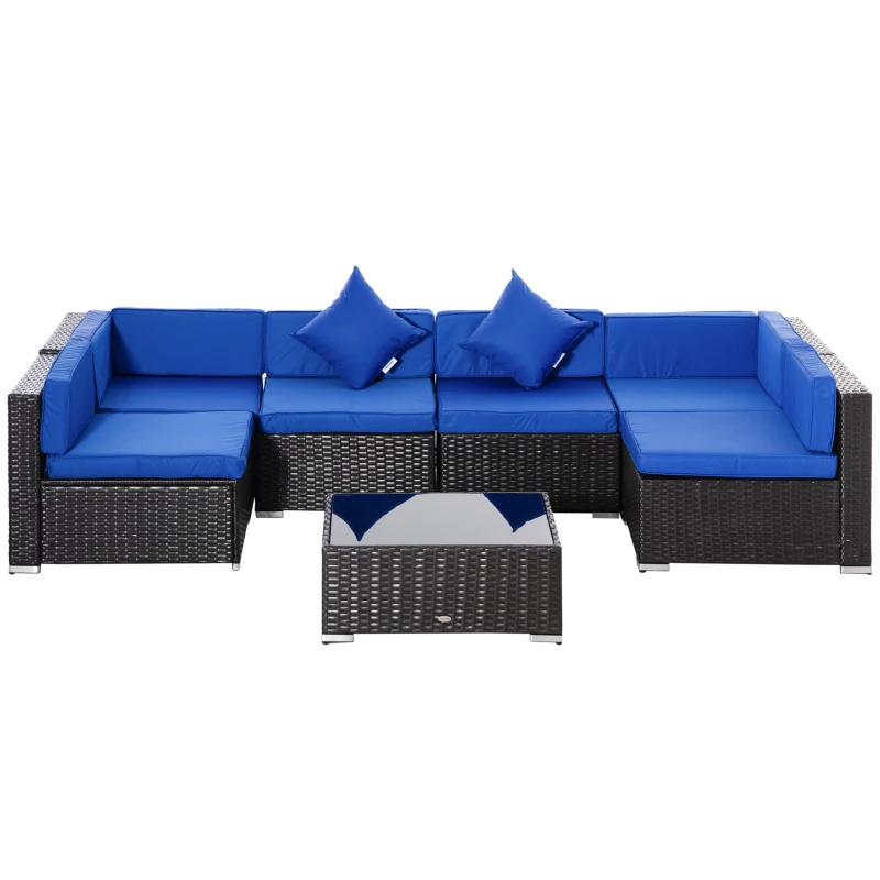 Outsunny 7 Piece Outdoor Patio Furniture Set, PE Rattan Wicker Sectional Sofa Set with Couch Cushions, Throw Pillows and Slat Coffee Table, Dark Brown, Deep Blue