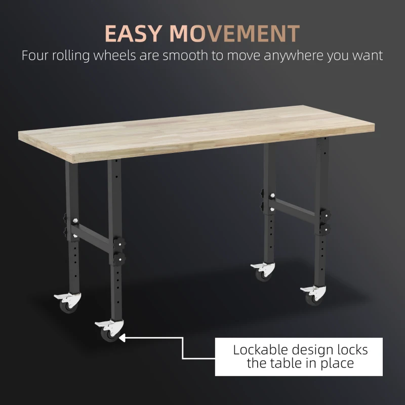 HOMCOM 59" Work Bench with Height Adjustable Legs, Bamboo Tabletop Workstation Tool Table on Wheels for Garage, Weight Capacity 1320 Lbs, Black/Natural