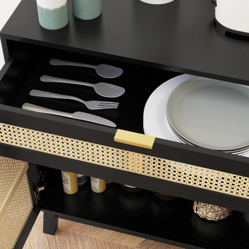 HOMCOM Boho Sideboard Storage Cabinet with Rattan Doors, Black