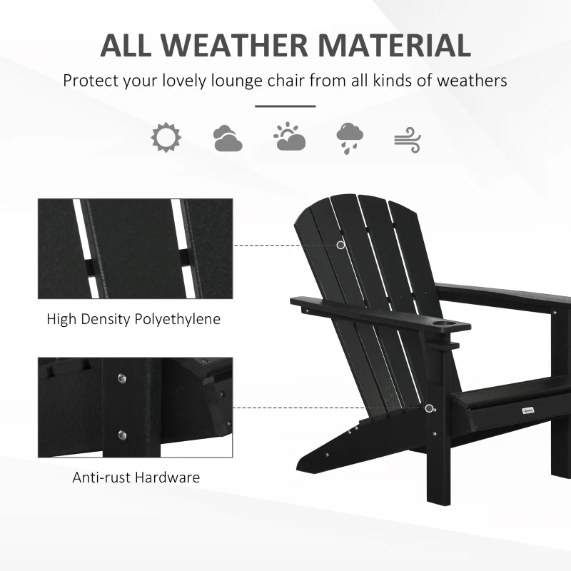 Outsunny Adirondack Chair with Cup Holder, All Weather Patio Chair HDPE Lounger, Fire Pit Seating High Back and Wide Seat for Outdoor, Backyard, Garden, Deck, Lawn, Black