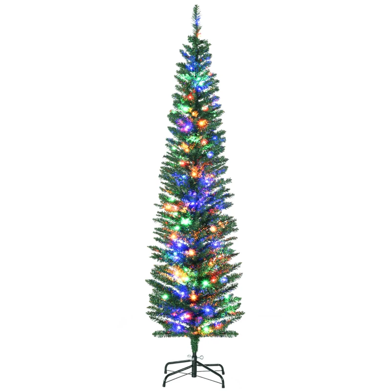 HOMCOM 6' Artificial Pencil Christmas Trees Holiday Decoration with Colourful LED Lights, Steel Base, Skinny Shape