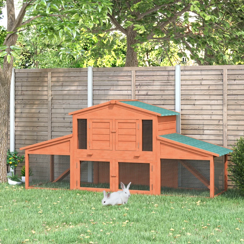 PawHut 89"L Outdoor Rabbit Hutch, Guinea Pig Cage Indoor Outdoor Wooden Bunny Hutch with Double Runs, Weatherproof Roof, Removable Tray, Ramps, Orange